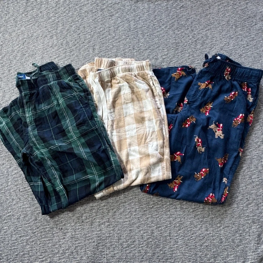 Old Navy Mens Pajama Pants Bundle Size L Plaid Buffalo Check Santa Bull 3 Pack